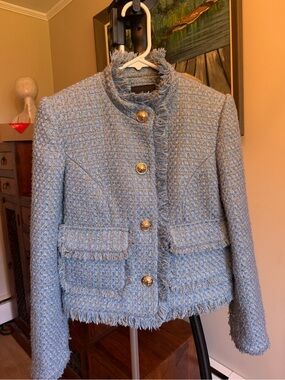 Fringed Bouclé Jacket in Light Blue